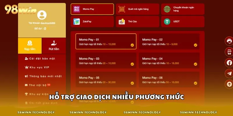 Hỗ trợ giao dịch nhiều phương thức